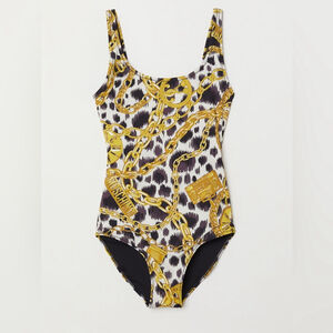 Moschino Gold and Black Chain Print One Piece Swimsuit